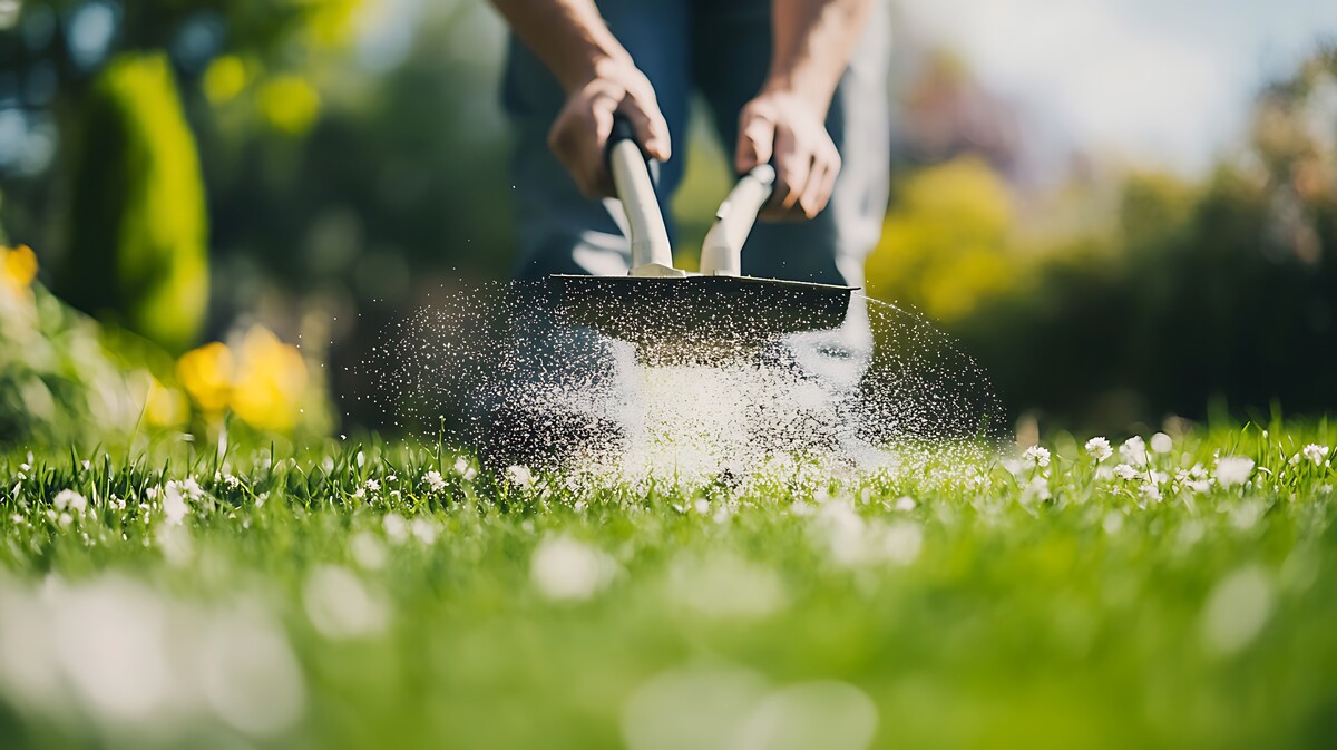 Close up of person spreading lawn fertilizer with hand spreader
