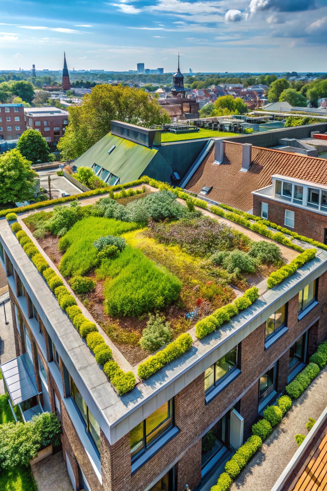 Green rooftop garden on a sloping roof. Daktuin for climate adaptation in Groningen