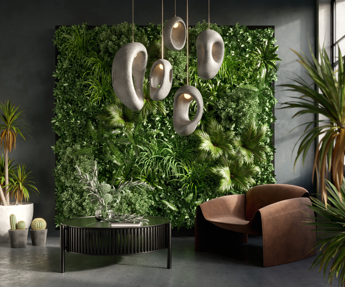 vertical green wall living room interior 3d render